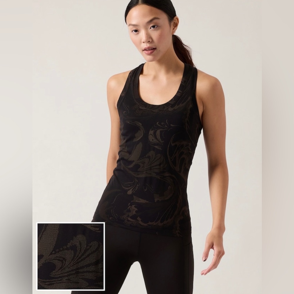 Athleta Brand New w/tags Momentum Racer back tank. Black Paisley size Medium.